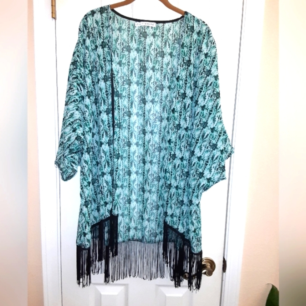 Maurice's Size 2/3 Plus Size Ikat Print Kimono Style Overlay Jacket With Fringe